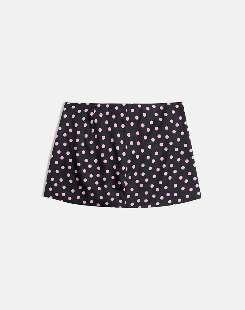 Maula Minirock aus schwarzem Satin mit rosa Polka-Punkten