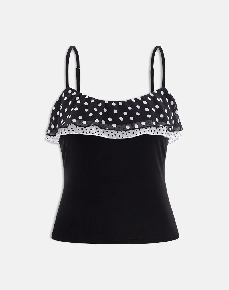 Iridia Top aus Cupro in Schwarz mit kleinen Polka-Rüschen