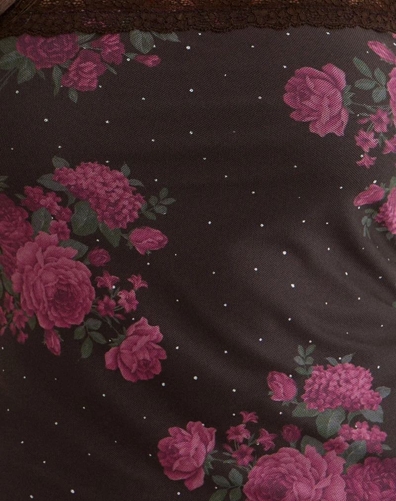 Anoda Cami-Top in Braun mit rosa Polka-Dots und Rosenprint
