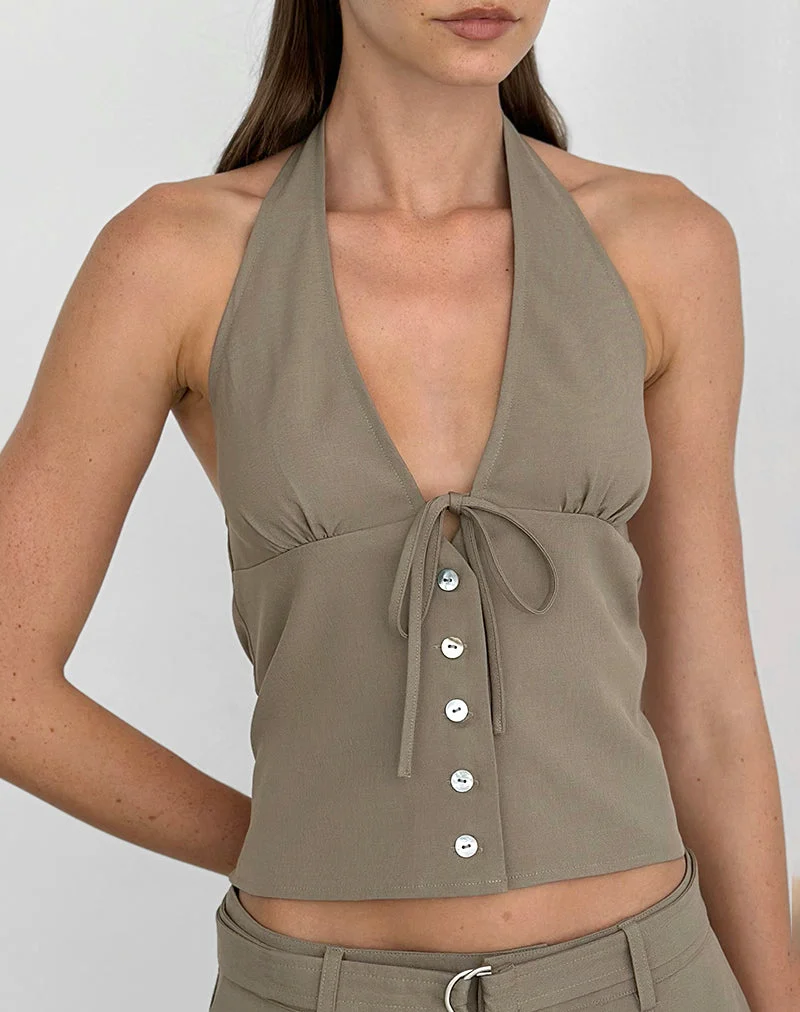 Miyuki-Top mit Bindeband vorne und Neckholder-Ausschnitt in Tailoring Dark Beige