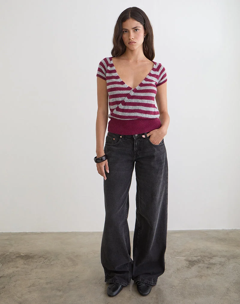 Shilpa Top in Maxi-Streifen Weinrot und Grau