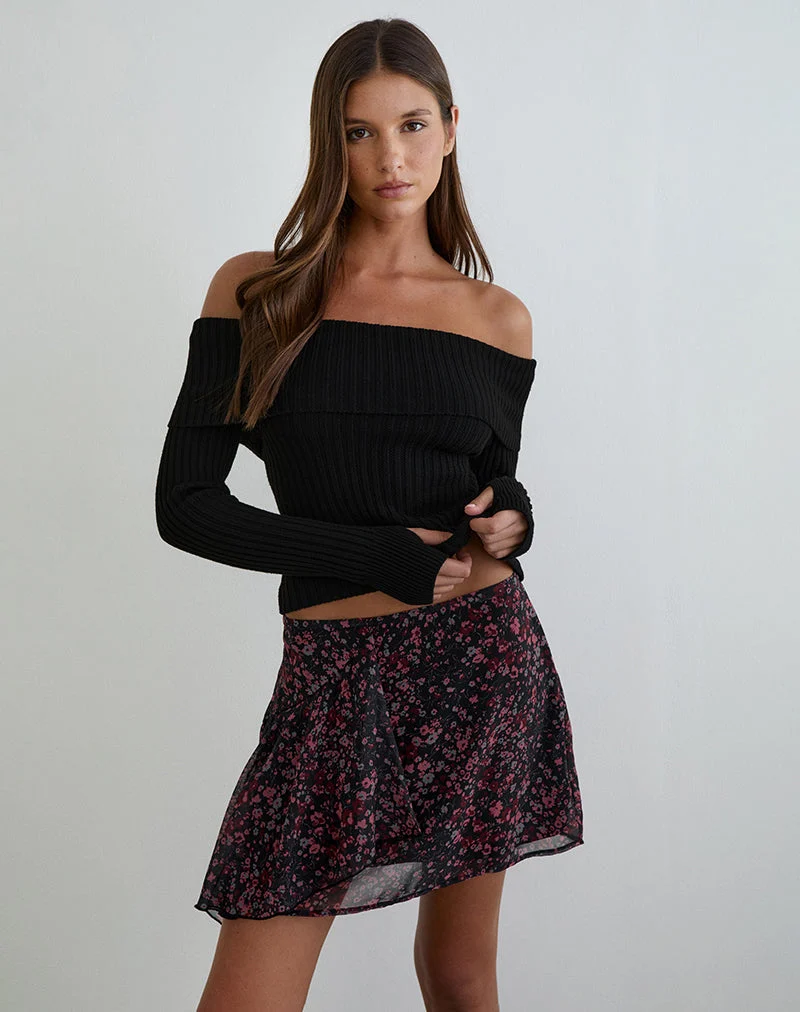 Naru Minirock aus Chiffon mit verstreuten Blumenmustern in Schwarz und Rot