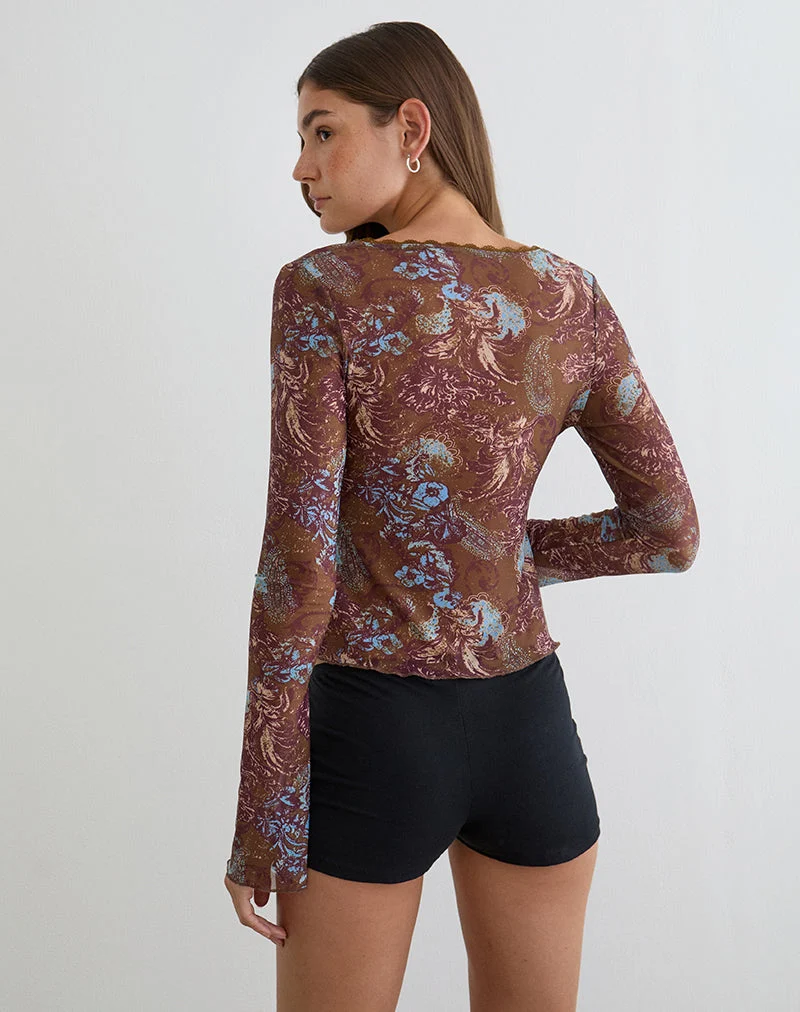 Concetta Langarm-Oberteil in „Feathery Paisley Brown“