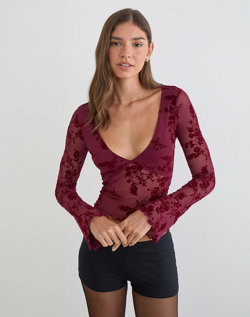 Yamuna Top in Flocked Botanical Flower Maroon