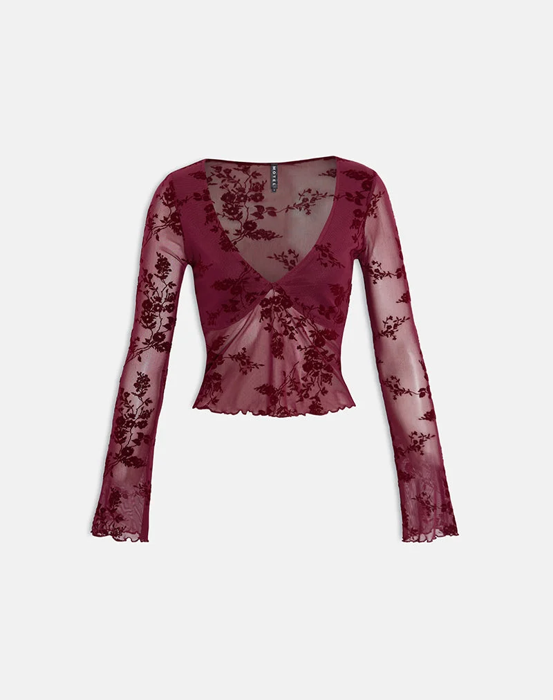Yamuna Top in Flocked Botanical Flower Maroon