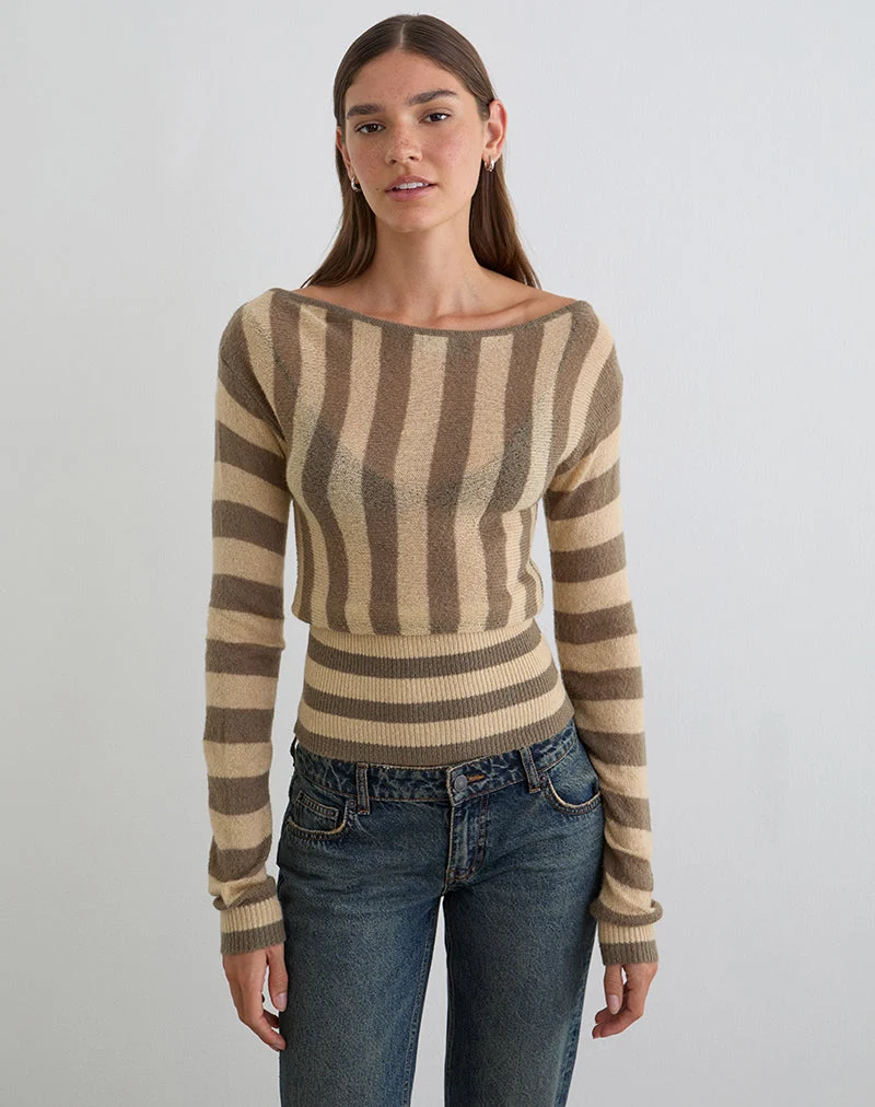 Maude Top in Taupe gestreift und neutral