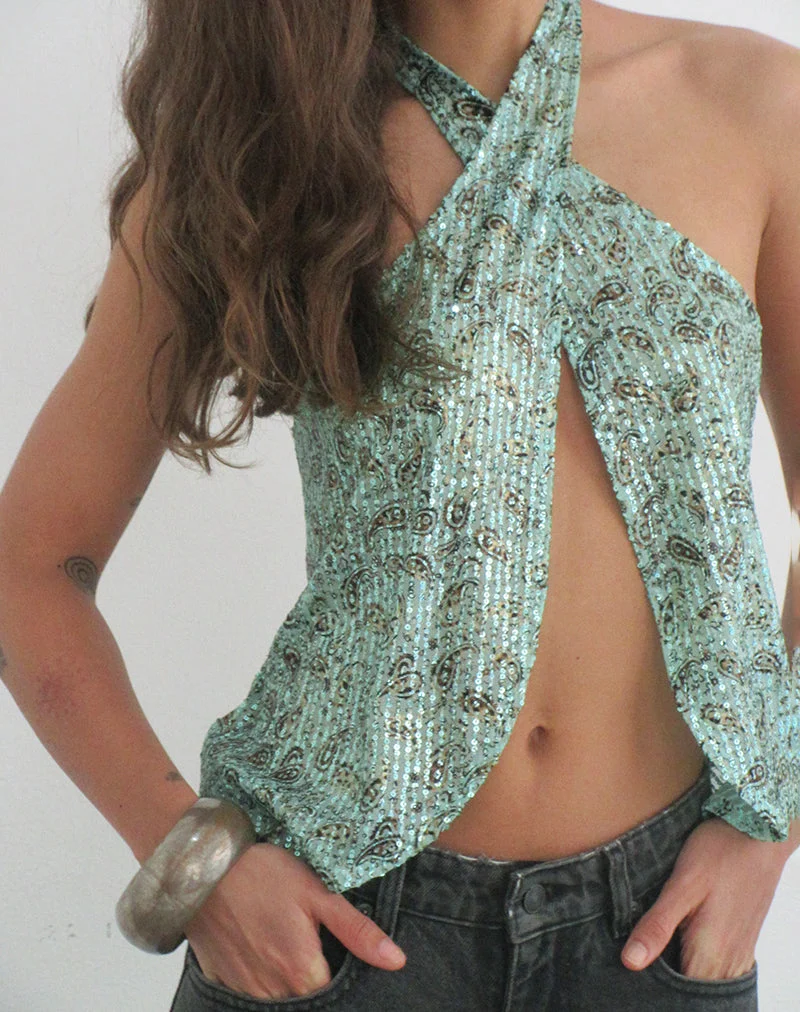 Ruwiko-Trägertop mit Paisley-Muster und Pailletten in Blaugrün