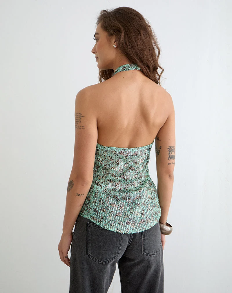 Ruwiko-Trägertop mit Paisley-Muster und Pailletten in Blaugrün
