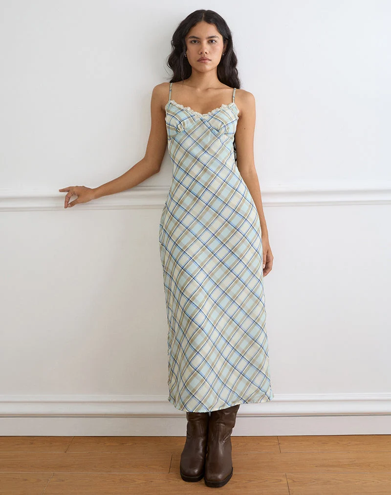 Naska-Maxikleid aus Chiffon mit Vintage-Karo in Blau