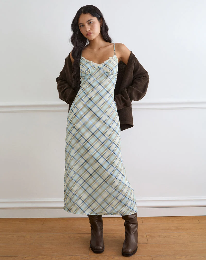 Naska-Maxikleid aus Chiffon mit Vintage-Karo in Blau