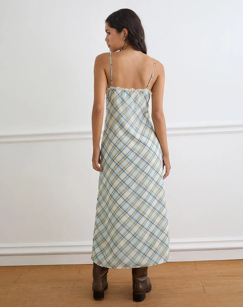 Naska-Maxikleid aus Chiffon mit Vintage-Karo in Blau