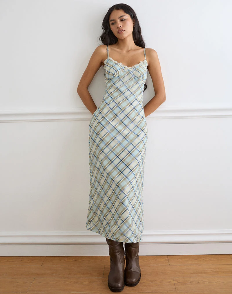 Naska-Maxikleid aus Chiffon mit Vintage-Karo in Blau
