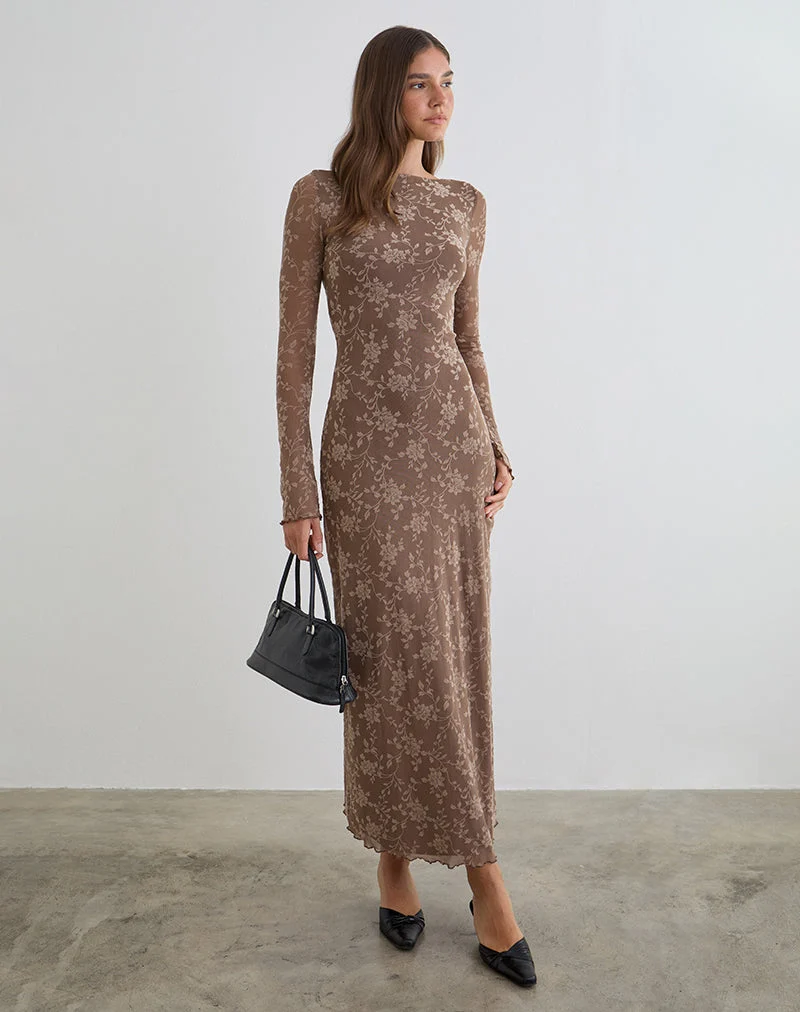 Shaleed Maxikleid in Leafy Flock Dark Taupe