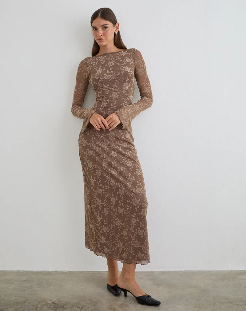 Shaleed Maxikleid in Leafy Flock Dark Taupe