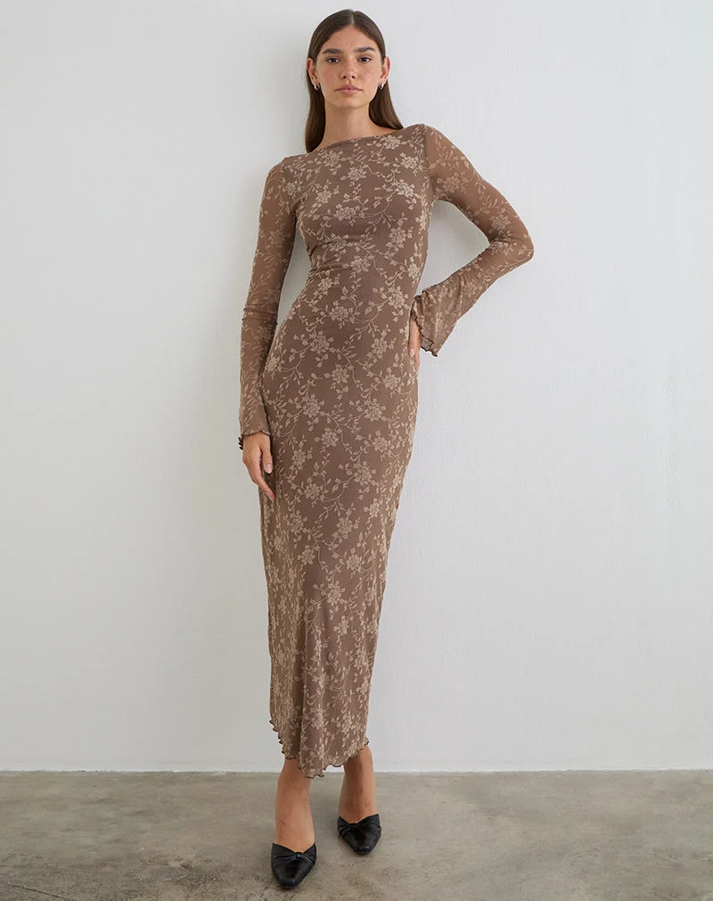 Shaleed Maxikleid in Leafy Flock Dark Taupe