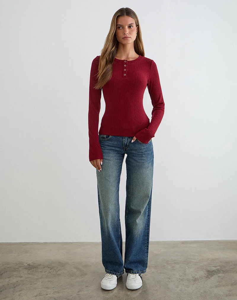 Zinta Langarm-Hemdbluse aus Rippstrick in Dunkelrotbraun