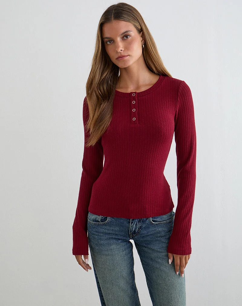 Zinta Langarm-Hemdbluse aus Rippstrick in Dunkelrotbraun