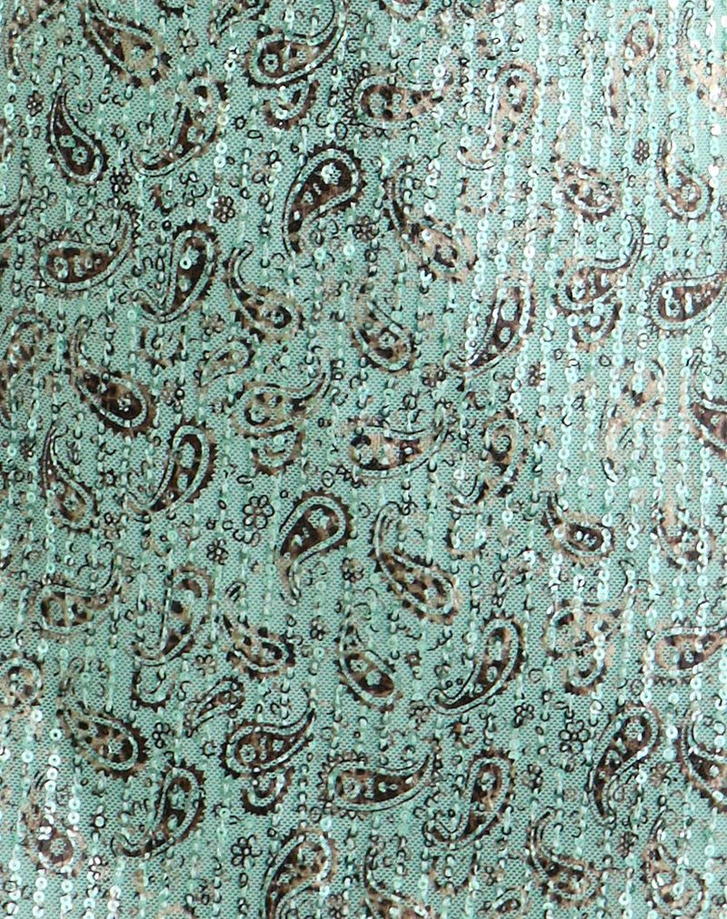 Hepasi-Halter-Minikleid mit Paisley-Muster und Pailletten in Blaugrün