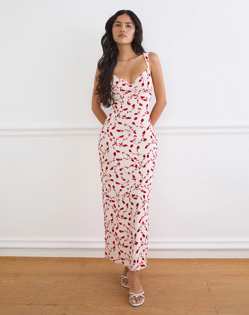 Sitiya-Maxikleid in Creme mit rotem Lilienblatt-Flockdruck