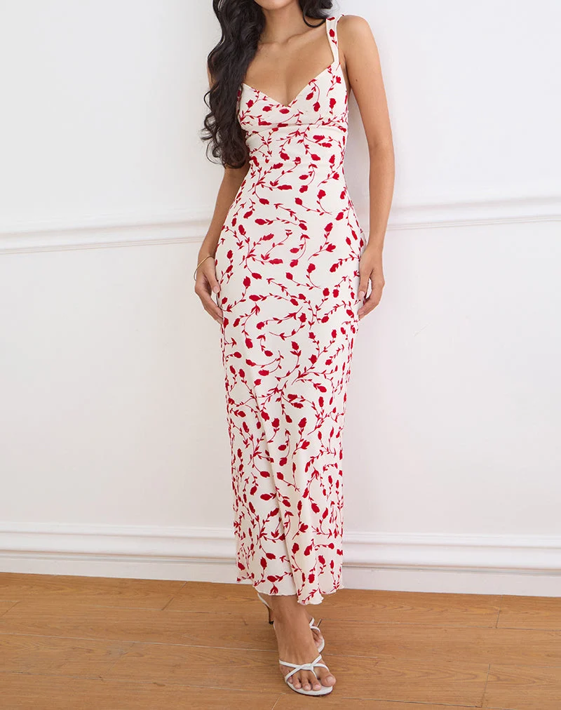 Sitiya-Maxikleid in Creme mit rotem Lilienblatt-Flockdruck