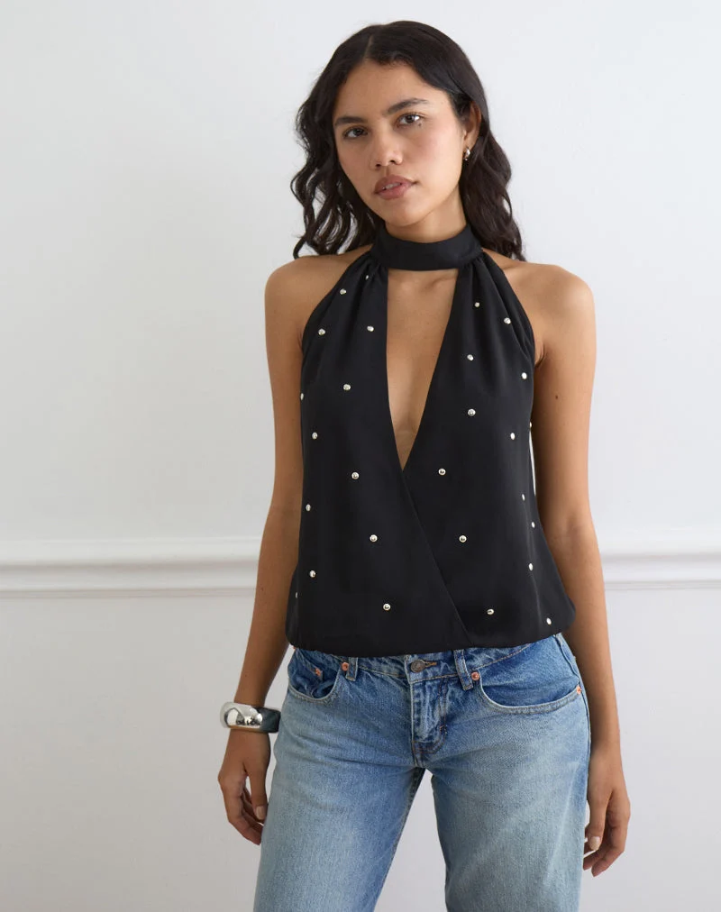 Bajo Halter-Bubble-Top aus schwarzem Chiffon mit Nieten