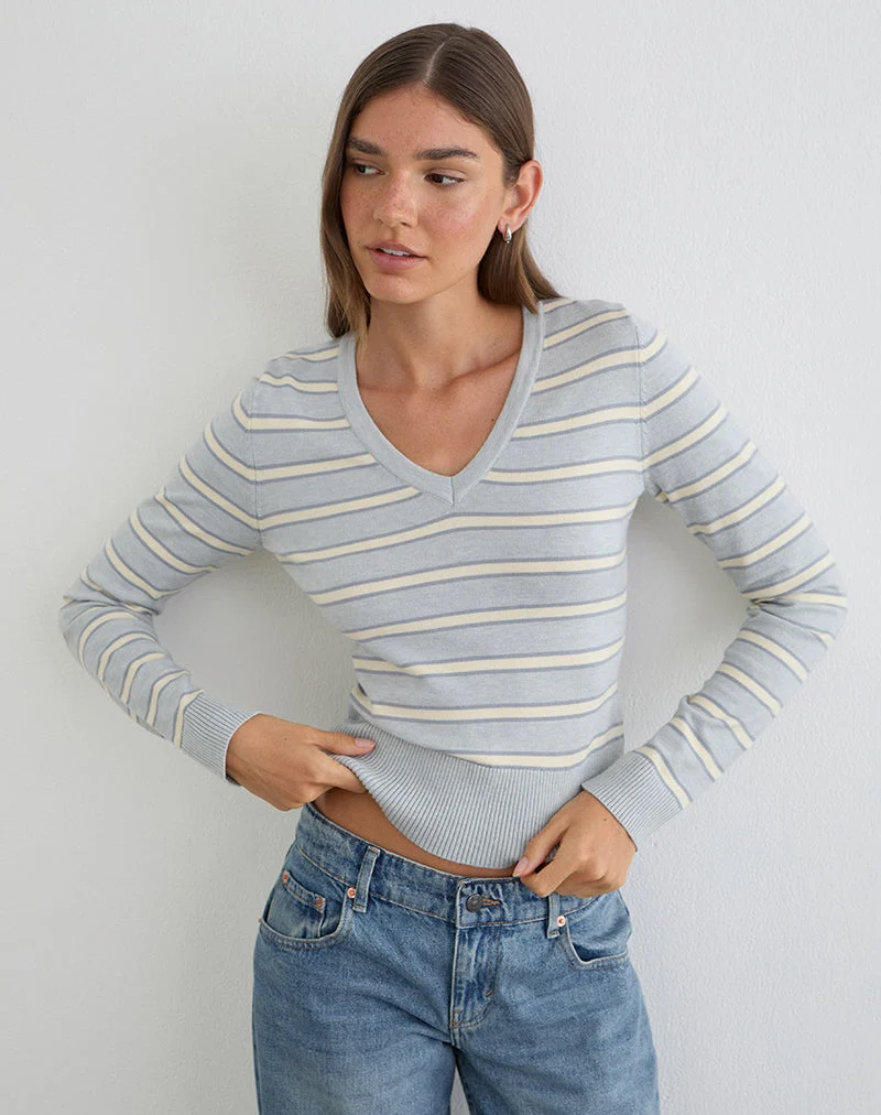 Yasra Pullover aus gestreiftem Strick in Creme und Grau