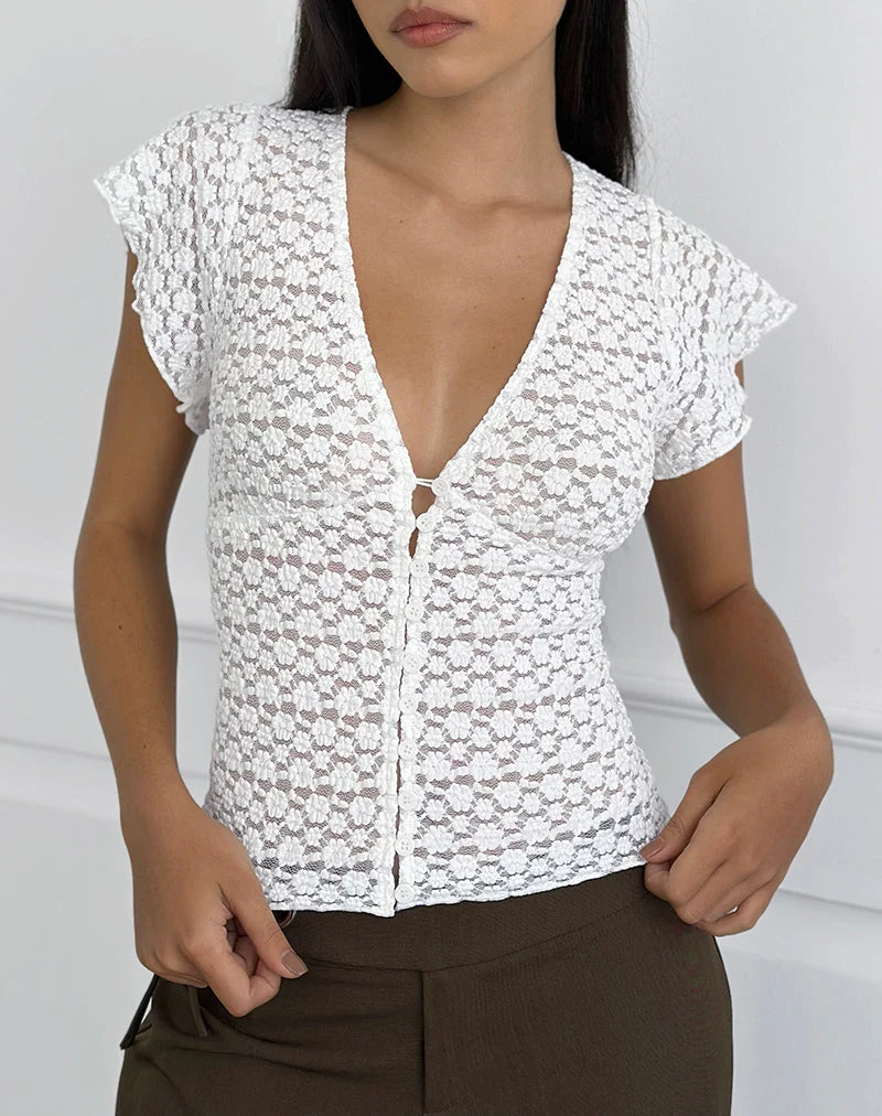 Yeslin V-Ausschnitt-Bluse mit Knöpfen aus weißer Spitze