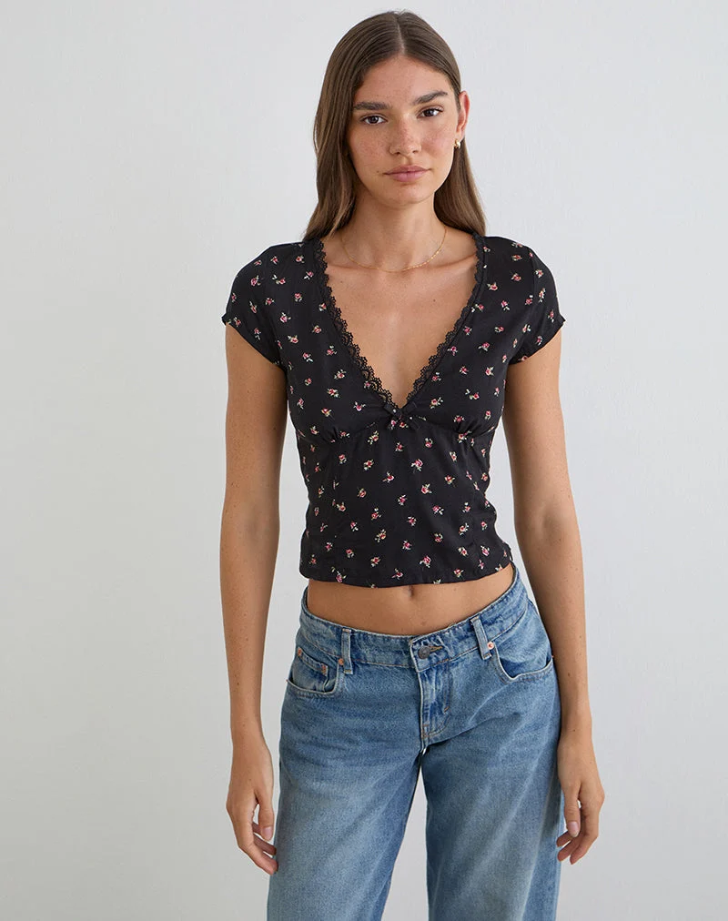 Asana Top in Schwarz mit rotem Rosenmuster