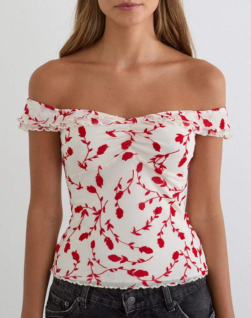 Switi Bardot-Top in Creme mit rotem Lilienblatt-Flockdruck