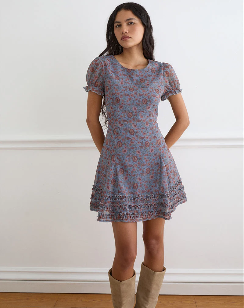 Koharu-Minikleid aus Chiffon in der Farbe „Shadow Blossom Blue“