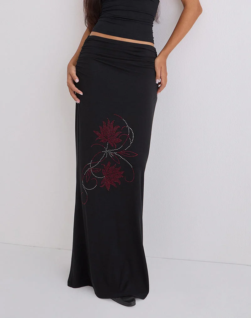 Naisra Maxirock aus Cupro mit Diamante-Blumenmuster in Schwarz