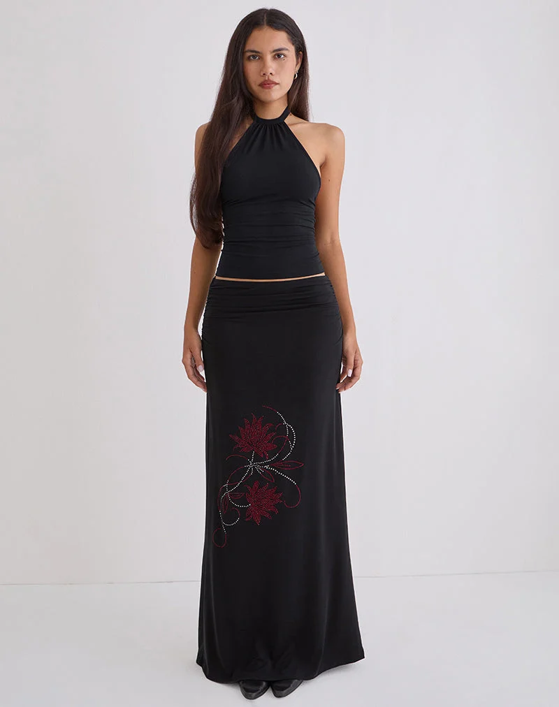 Naisra Maxirock aus Cupro mit Diamante-Blumenmuster in Schwarz
