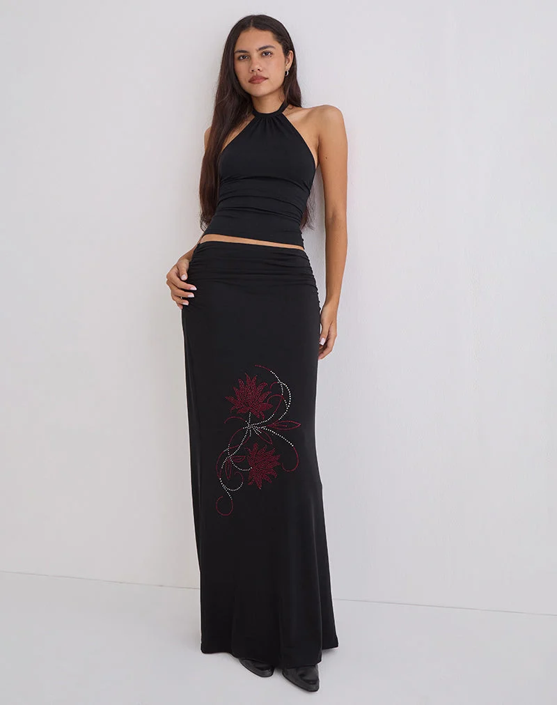 Naisra Maxirock aus Cupro mit Diamante-Blumenmuster in Schwarz