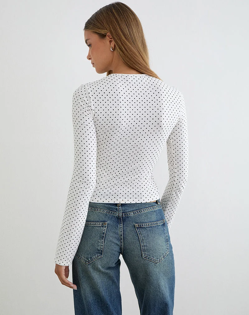 Delano Top in Weiß mit schwarzem Mikro-Polka-Print