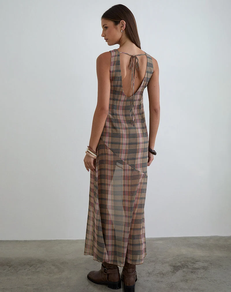 Elska Maxikleid in Braun und Rosa mit verschwommenem Karomuster
