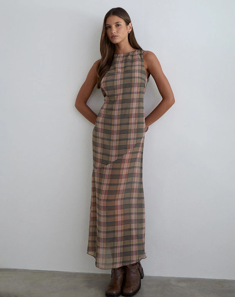 Elska Maxikleid in Braun und Rosa mit verschwommenem Karomuster