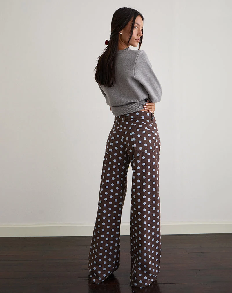 Niedrig geschnittene, weit geschnittene Hose in Mono Polka Brown