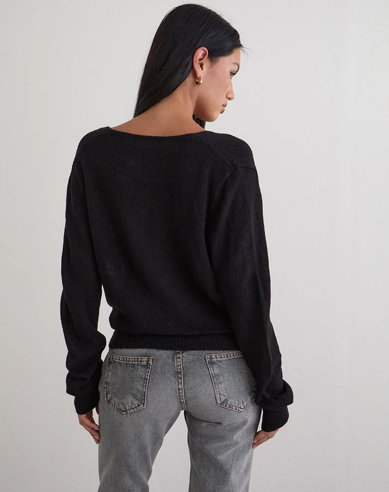 Saroya Plunge Wrap Top aus Strick, schwarz