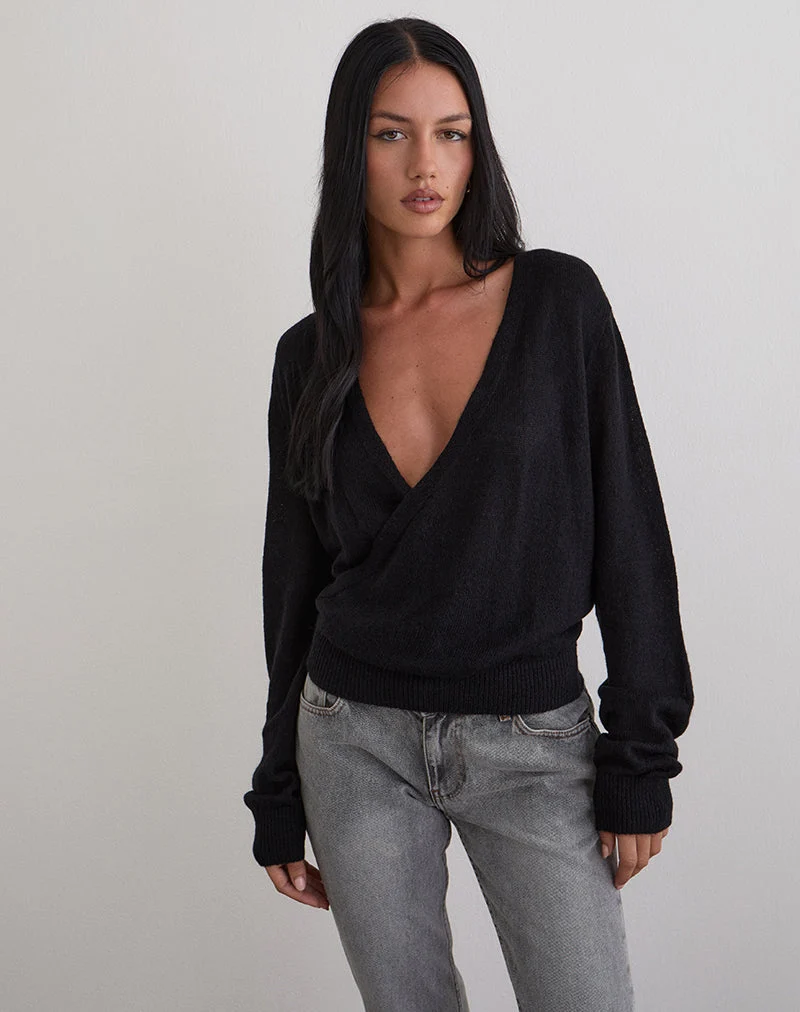 Saroya Plunge Wrap Top aus Strick, schwarz