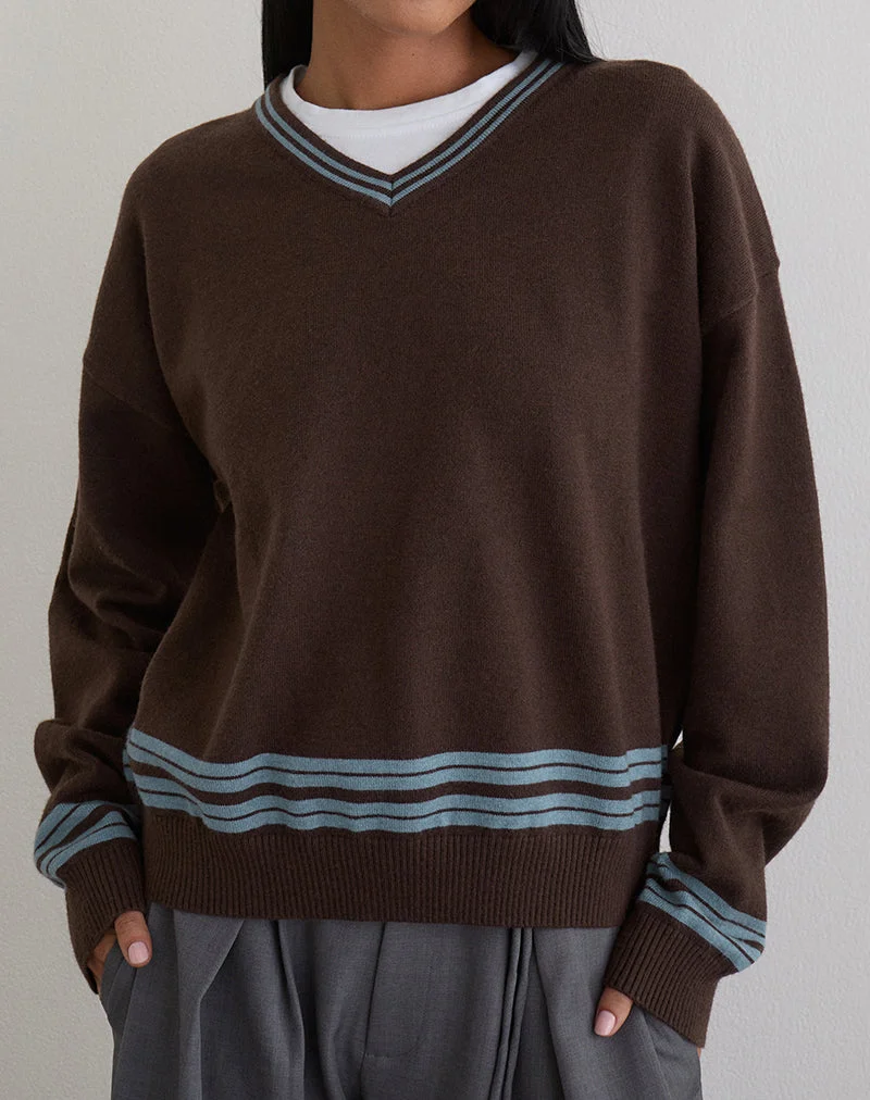 Yarnia Slouchy Pullover mit V-Ausschnitt in Braun und Blau