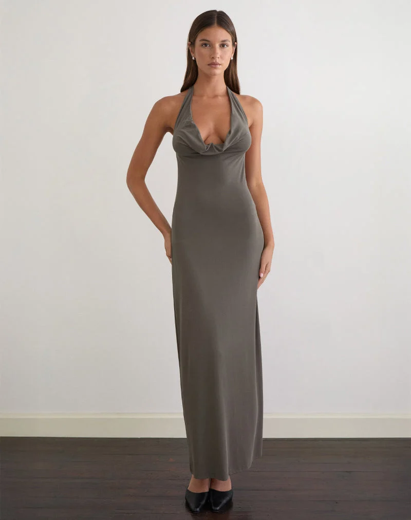 Zarya Maxikleid aus Cupro in Grau-Khaki