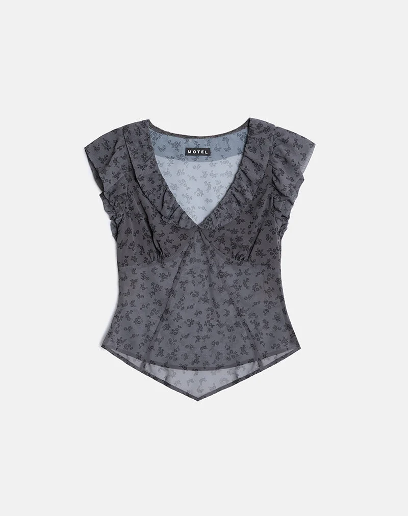 Paquita Top aus Chiffon mit minimalistischen Blumen in Dunkelgrau