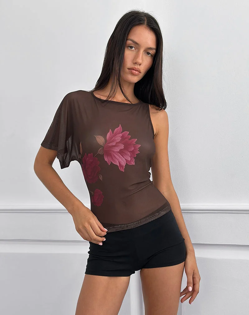 Balsa One Shoulder Top in Braun mit rosa Blumenprint