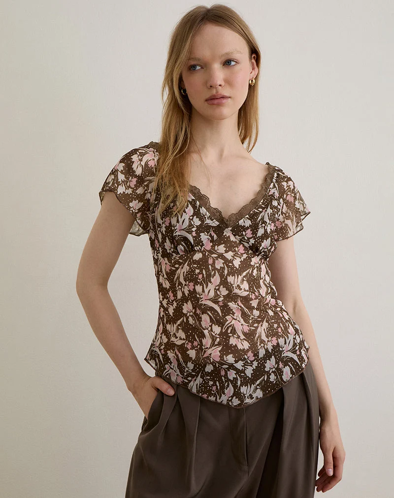 Misaki Top aus Chiffon Polka Flower Braun