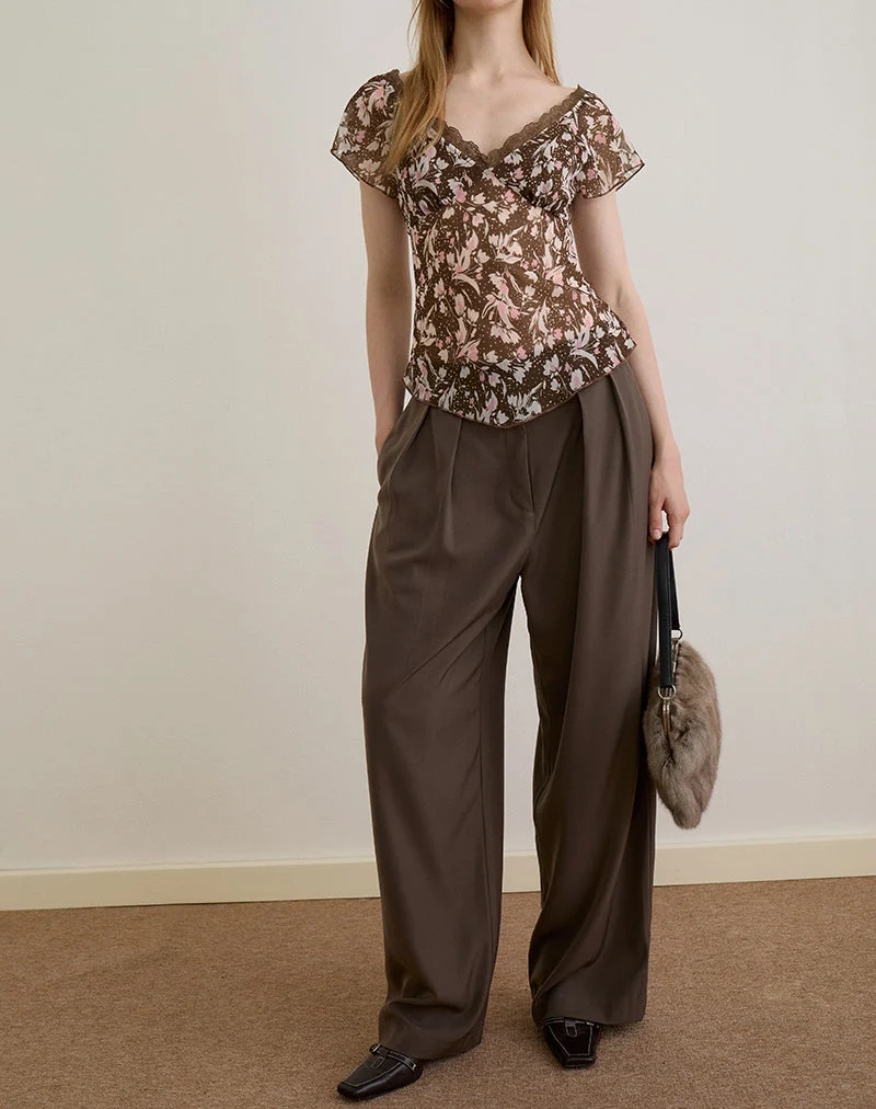 Misaki Top aus Chiffon Polka Flower Braun