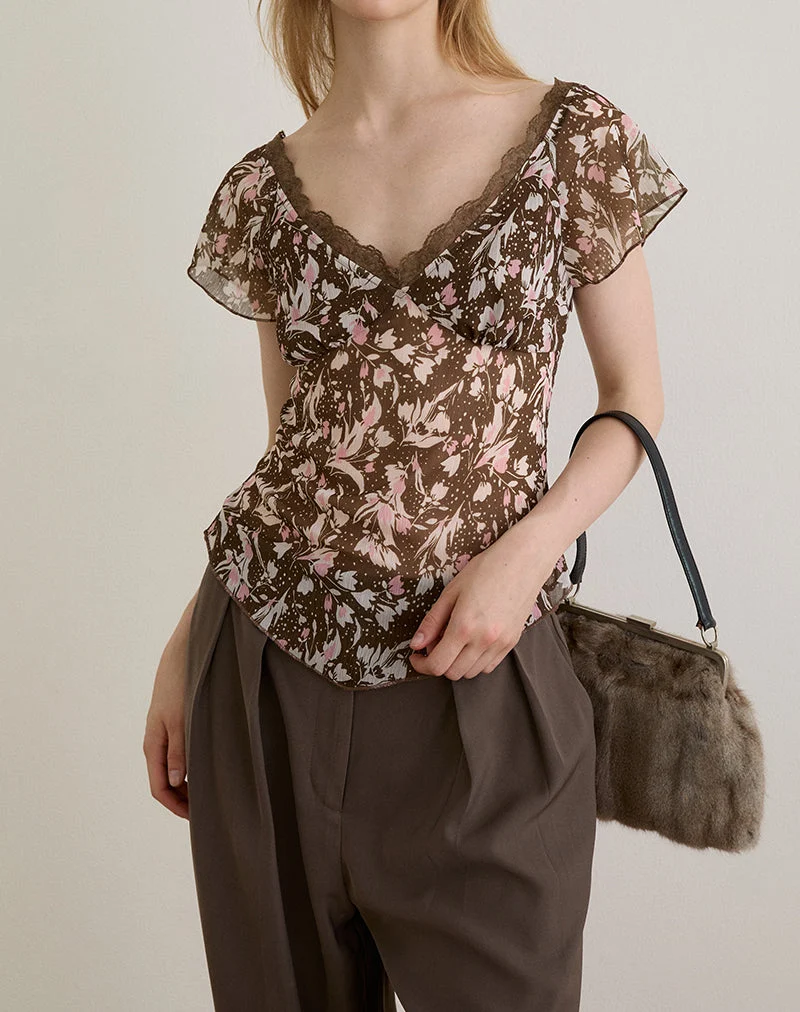 Misaki Top aus Chiffon Polka Flower Braun