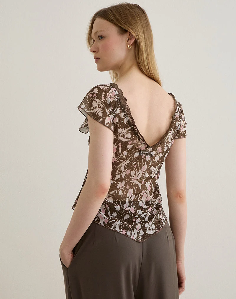 Misaki Top aus Chiffon Polka Flower Braun