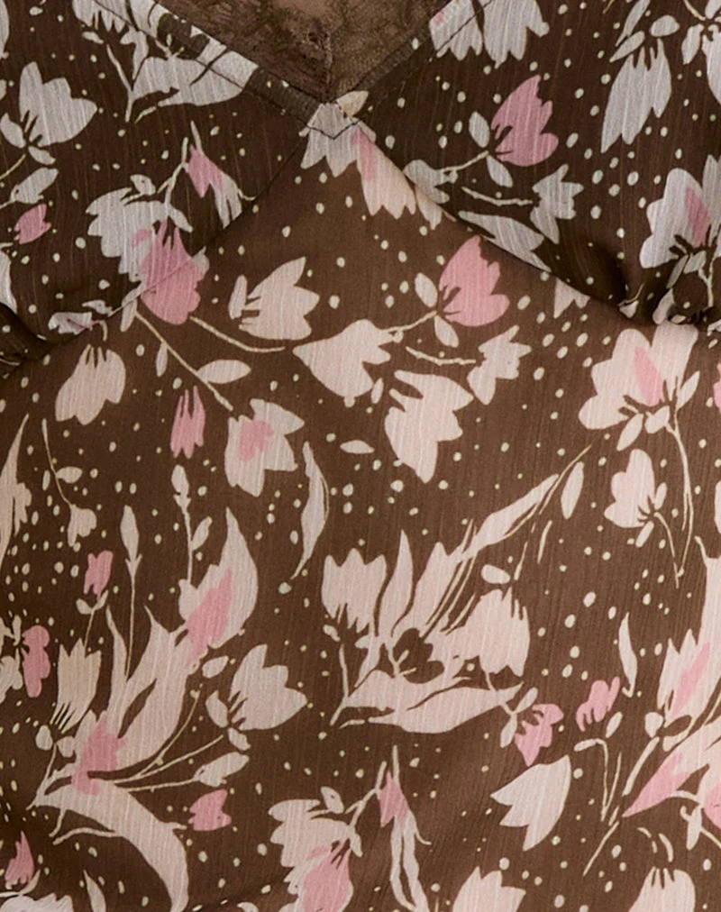 Misaki Top aus Chiffon Polka Flower Braun