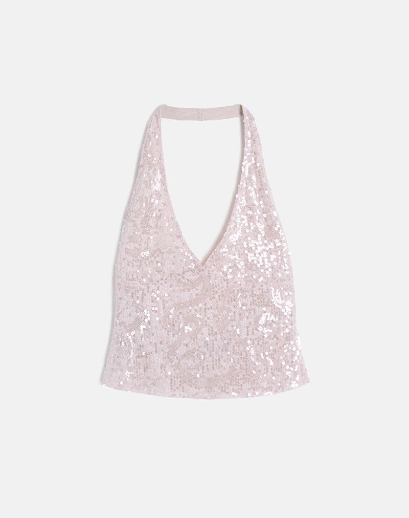 Cosio Neckholder-Top in Babyrosa mit Pailletten