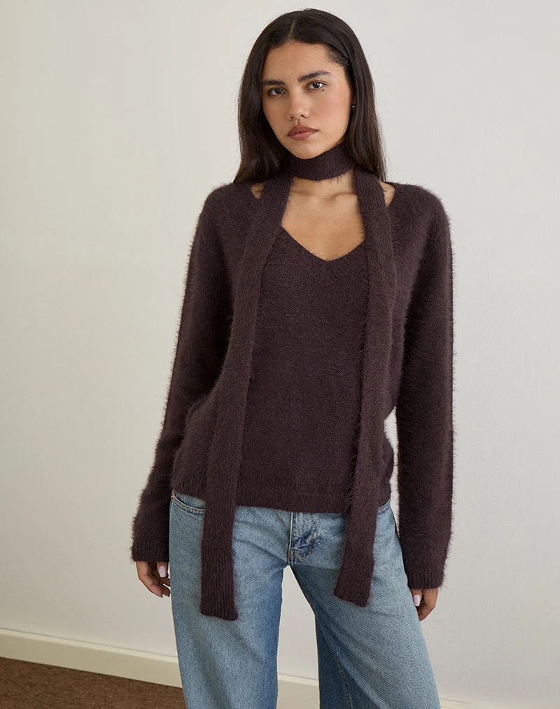 Dikara Pullover mit Schal aus braunem Strick
